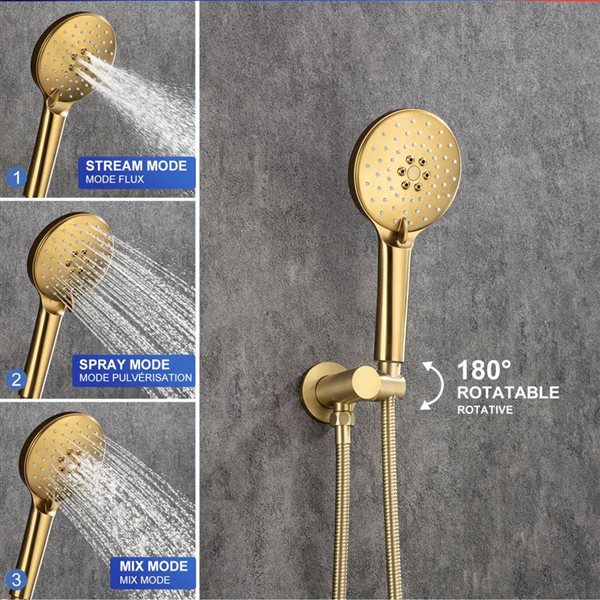 RAINLEX 10-in 1-Handle 2-Spray Round Showerhead Rainfall Shower Faucet with Valve in Brushed Gold
