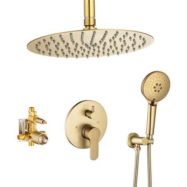 RAINLEX 10-in 1-Handle 2-Spray Round Showerhead Rainfall Shower Faucet with Valve in Brushed Gold