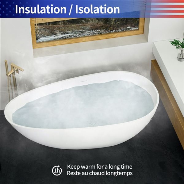RAINLEX 67-in Egg Shaped Stone Resin Freestanding Tubs, Solid Surface White Soaking Tub