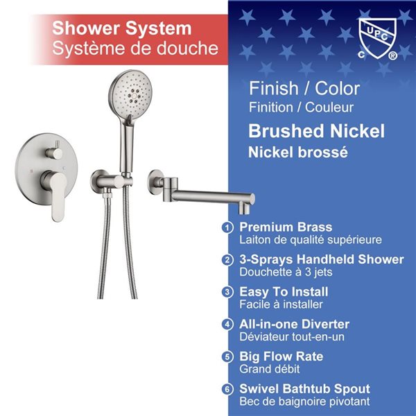 RAINLEX Single-Handle Wall Mount Roman Tub Faucet with Swivel Tub Spout and Rough-in Valve in Brushed Nickel