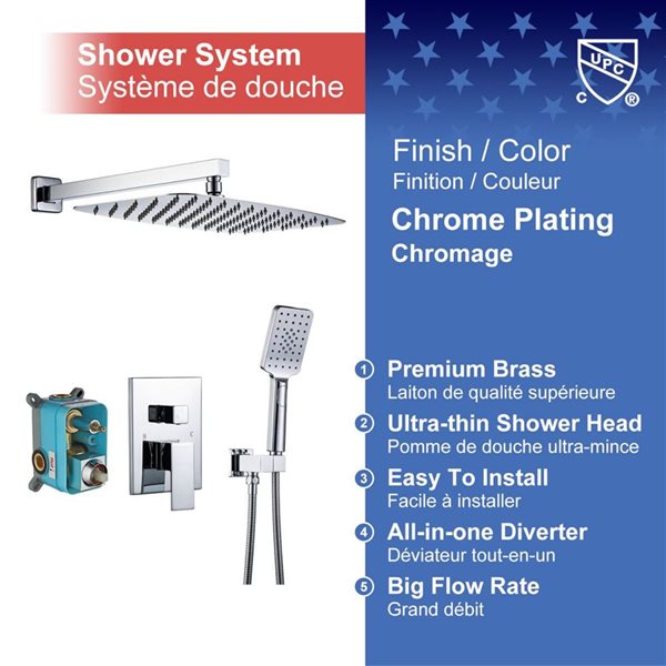 RAINLEX 12-in 1-Handle 3-Sprays Hand Shower Wall Mount Shower Faucet in Chrome