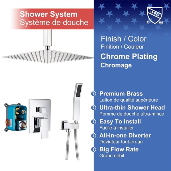 RAINLEX 10-in Single-Handle 2-Sprays Square Showerhead Rainfall Shower Faucet with Valve in Chrome