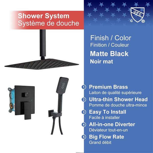 RAINLEX 12-in Single-Handle 3-Sprays Hand Shower Ceiling Mount Shower Faucet in Matte Black