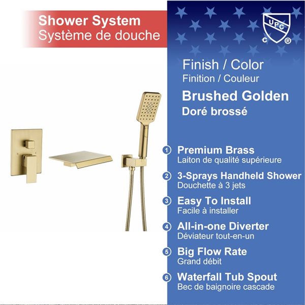 RAINLEX 1-Handle 3-Sprays Hand Shower Wall Mount Roman Tub Faucet in Brushed Gold