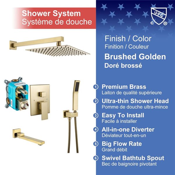 RAINLEX 10-in Single-Handle 3-Sprays Square Showerhead Rainfall Shower Faucet and Tub in Brushed Gold