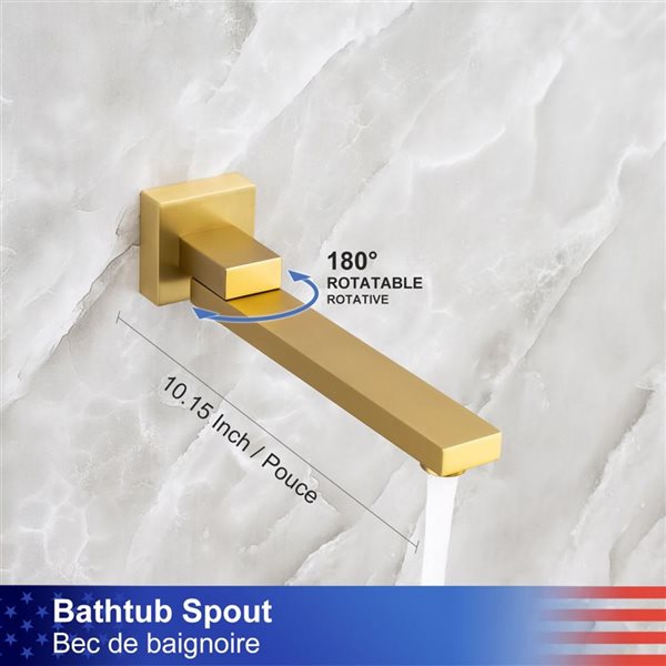 RAINLEX 10-in Single-Handle 3-Sprays Square Showerhead Rainfall Shower Faucet and Tub in Brushed Gold