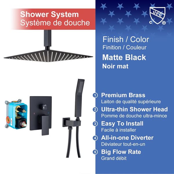 RAINLEX 10-in Single-Handle 2-Sprays Square Showerhead Rainfall Shower Faucet with Valve in Matte Black