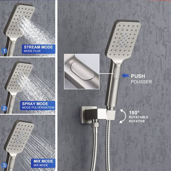 RAINLEX 12-in 1-Handle 3-Spray Hand Shower Rainfall Shower Faucet with Valve in Brushed Nickel