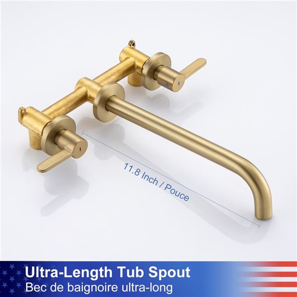 RAINLEX Double Handle Wall Mounted Tub Faucet in Brushed Gold