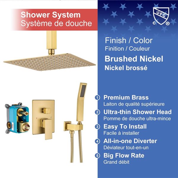 RAINLEX 10-in Single-Handle 2-Spray Square Showerhead Rainfall Shower Faucet with Valve in Brushed Gold