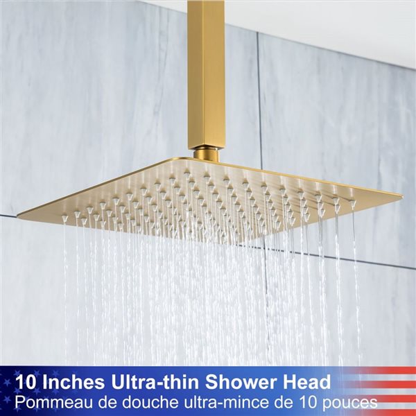 RAINLEX 10-in Single-Handle 2-Spray Square Showerhead Rainfall Shower Faucet with Valve in Brushed Gold