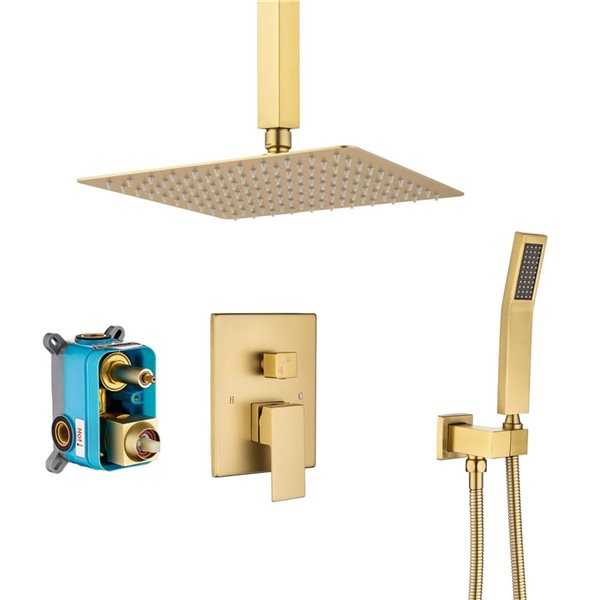 RAINLEX 10-in Single-Handle 2-Spray Square Showerhead Rainfall Shower Faucet with Valve in Brushed Gold