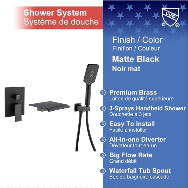 RAINLEX 1-Handle 3-Sprays Hand Shower Wall Mount Roman Tub Faucet in Matte Black