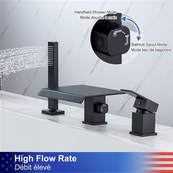 RAINLEX Single-Handle Wall Mounted Waterfall Roman Tub Faucet with Diverter and Handshower in Matte Black