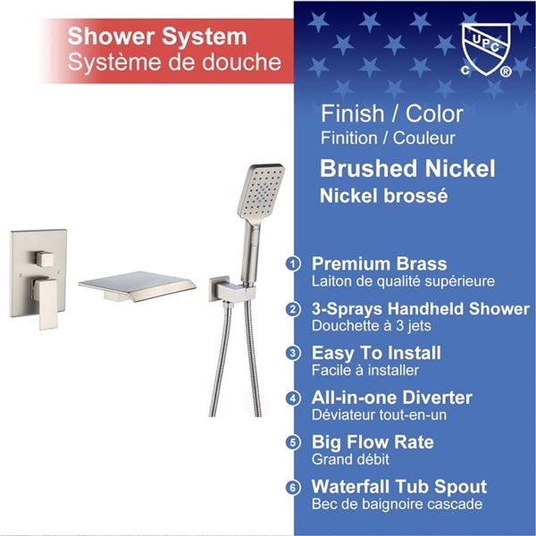 RAINLEX 1-Handle 3-Sprays Hand Shower Wall Mount Roman Tub Faucet in Brushed Nickel