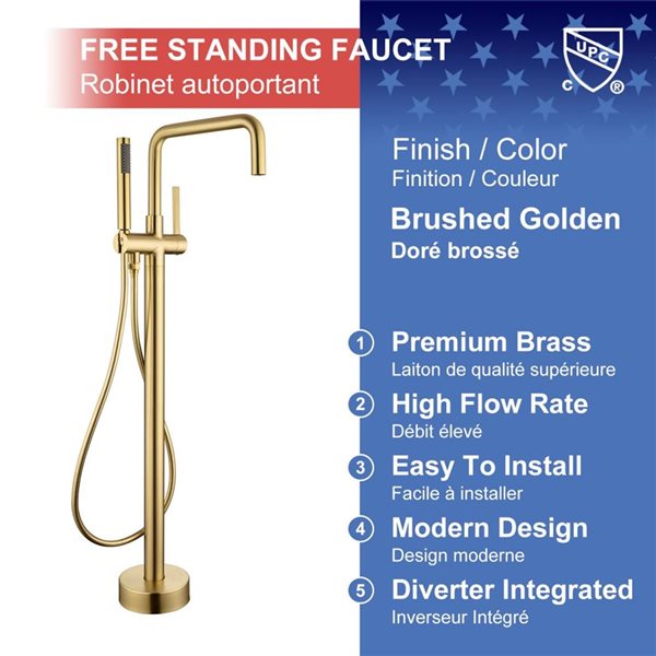 RAINLEX Single-Handle Floor Mounted Tub Filler with Diverter and Hand Shower in Brushed Gold