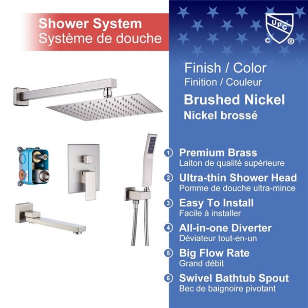 RAINLEX 10-in Single-Handle 3-Sprays Square Showerhead Rainfall Shower Faucet and Tub in Brushed Nickel