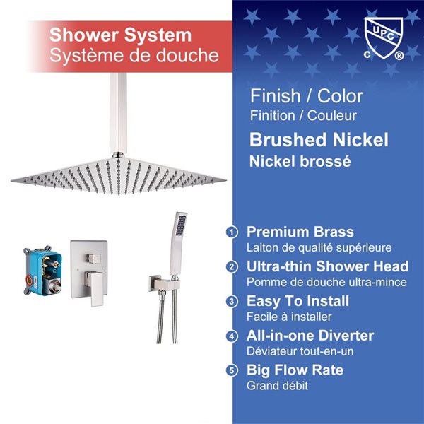 RAINLEX 10-in Single-Handle 2-Sprays Square Showerhead Rainfall Shower Faucet with Valve in Brushed Nickel