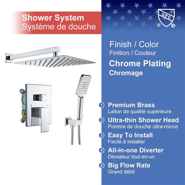 RAINLEX 10-in 1-Handle 3-Sprays Hand Shower Wall Mount Shower Faucet in Chrome
