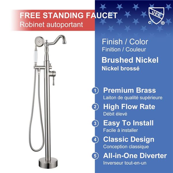 RAINLEX 2-Handle Floor Mounted Tub Spout with Diverter and Hand Shower in Brushed Nickel