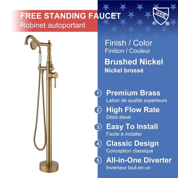 RAINLEX 2-Handle Floor Mounted Tub Spout with Diverter and Hand Shower in Brushed Gold