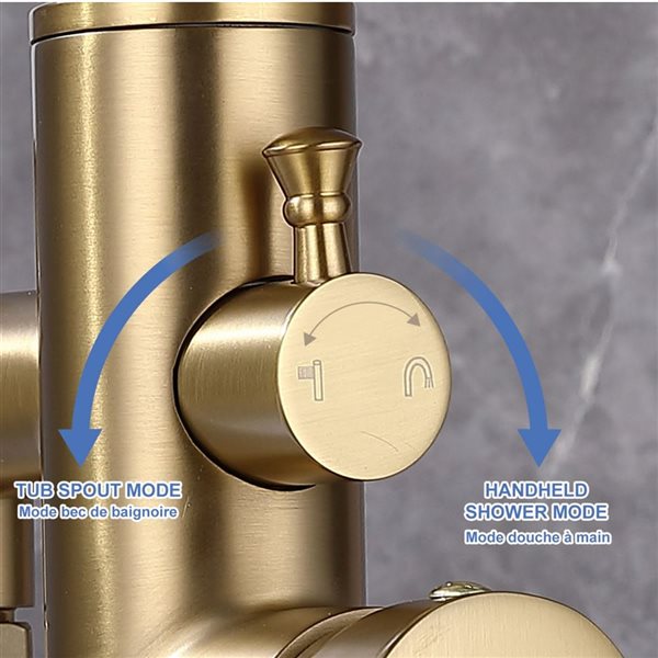 RAINLEX 2-Handle Floor Mounted Tub Spout with Diverter and Hand Shower in Brushed Gold