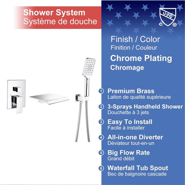 RAINLEX Single-Handle 3-Sprays Hand Shower Wall Mount Roman Tub Faucet in Chrome