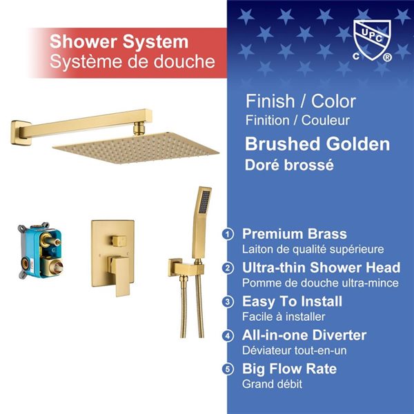 RAINLEX 10-in Single-Handle 2-Sprays Square Showerhead Rainfall Shower Faucet and Tub in Brushed Gold