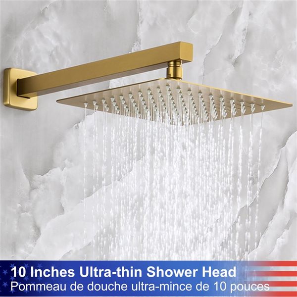 RAINLEX 10-in Single-Handle 2-Sprays Square Showerhead Rainfall Shower Faucet and Tub in Brushed Gold