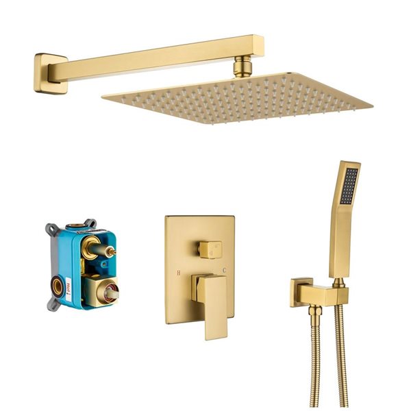 RAINLEX 10-in Single-Handle 2-Sprays Square Showerhead Rainfall Shower Faucet and Tub in Brushed Gold