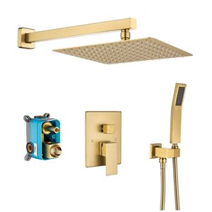 RAINLEX 10-in Single-Handle 2-Sprays Square Showerhead Rainfall Shower Faucet and Tub in Brushed Gold