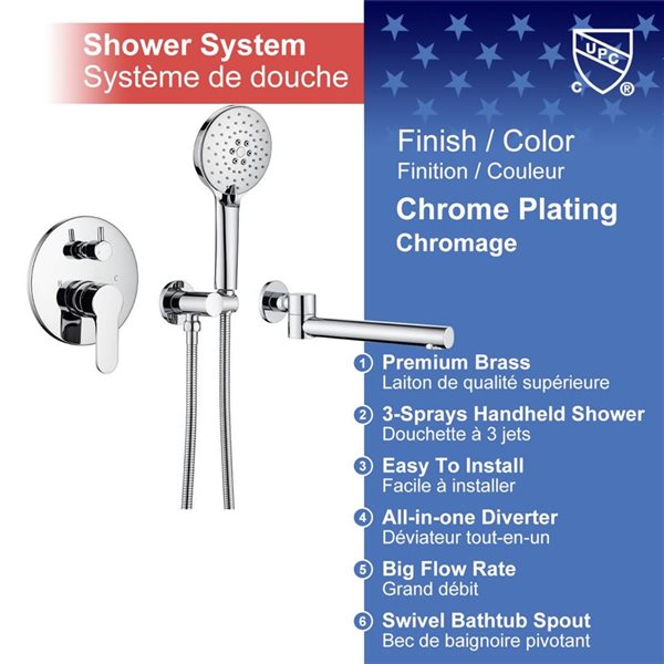 RAINLEX Single-Handle Wall Mount Roman Tub Faucet with Swivel Tub Spout and Rough-in Valve in Chrome