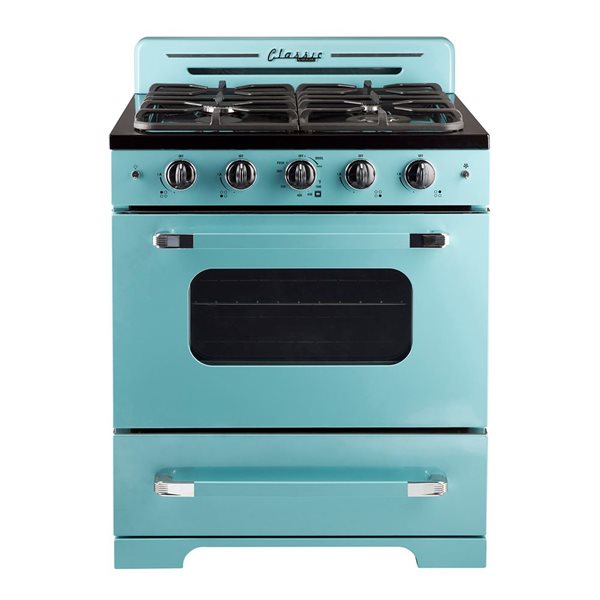 Cuisinière à gaz à 4 brûleurs Classic Rétro Unique 30 po four à convection 3,9 pi³, brume marine turquoise