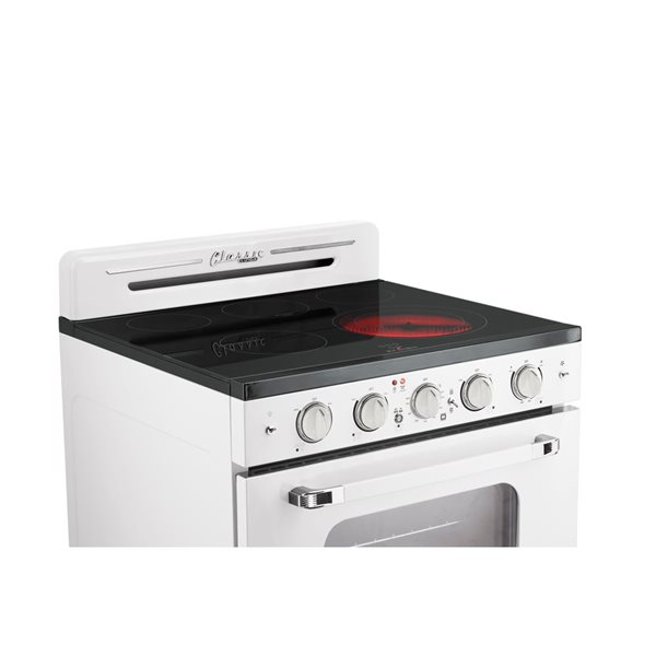 Cuisinière électrique 30 po Classic Rétro Unique 5 éléments four convection 3,9 pi³ et témoin de surface chaude, blanc