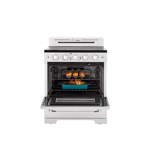 Cuisinière électrique 30 po Classic Rétro Unique 5 éléments four convection 3,9 pi³ et témoin de surface chaude, blanc