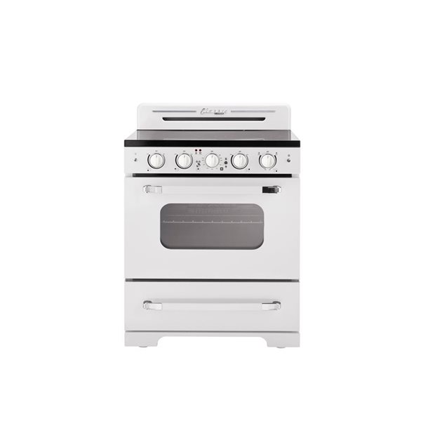 Cuisinière électrique 30 po Classic Rétro Unique 5 éléments four convection 3,9 pi³ et témoin de surface chaude, blanc