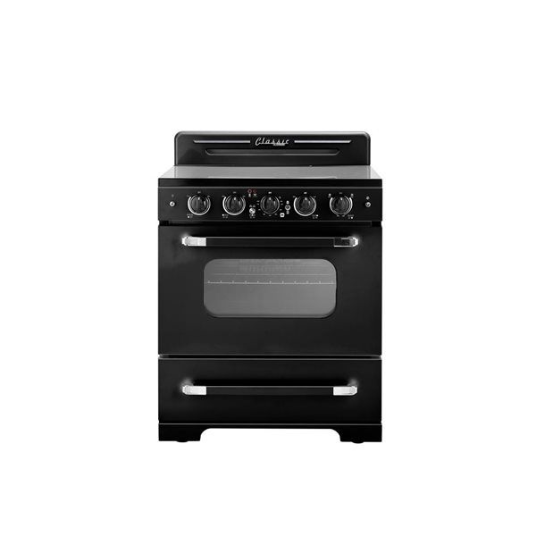 Cuisinière électrique 30 po Classic Rétro Unique 5 éléments four convection 3,9 pi³ et témoin de surface chaude, noir