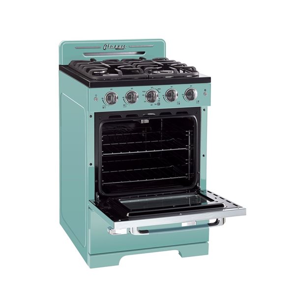 Cuisinière à gaz à 4 brûleurs Classic Rétro Unique 24 po four à convection 2,9 pi³, brume marine turquoise