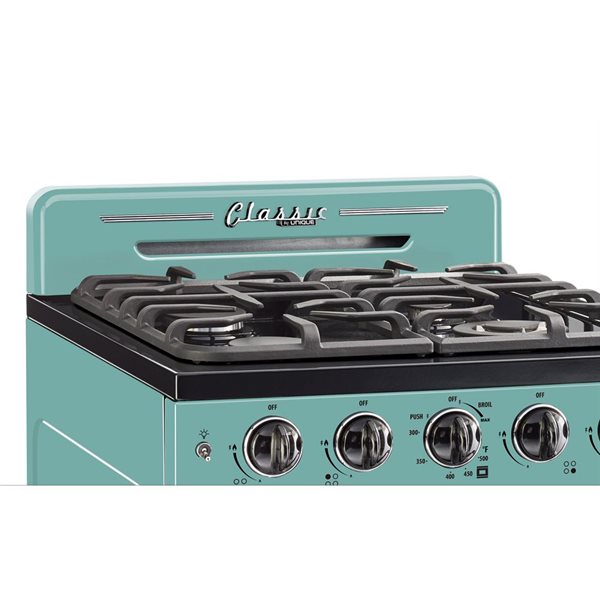 Cuisinière à gaz à 4 brûleurs Classic Rétro Unique 24 po four à convection 2,9 pi³, brume marine turquoise