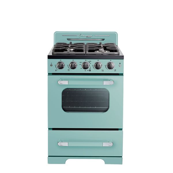 Cuisinière à gaz à 4 brûleurs Classic Rétro Unique 24 po four à convection 2,9 pi³, brume marine turquoise