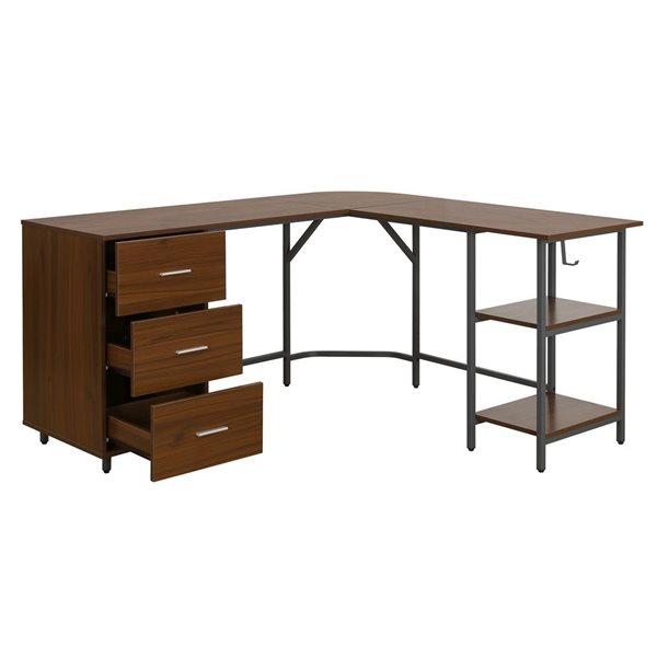 Techni Mobili L-Shape Home Office Two Tone Desk with Storage - Walnut