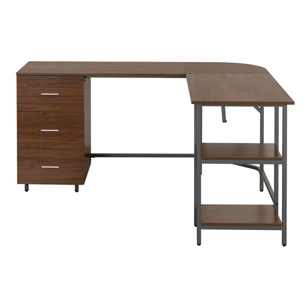 Techni Mobili L-Shape Home Office Two Tone Desk with Storage - Walnut