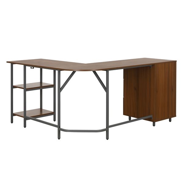 Techni Mobili L-Shape Home Office Two Tone Desk with Storage - Walnut