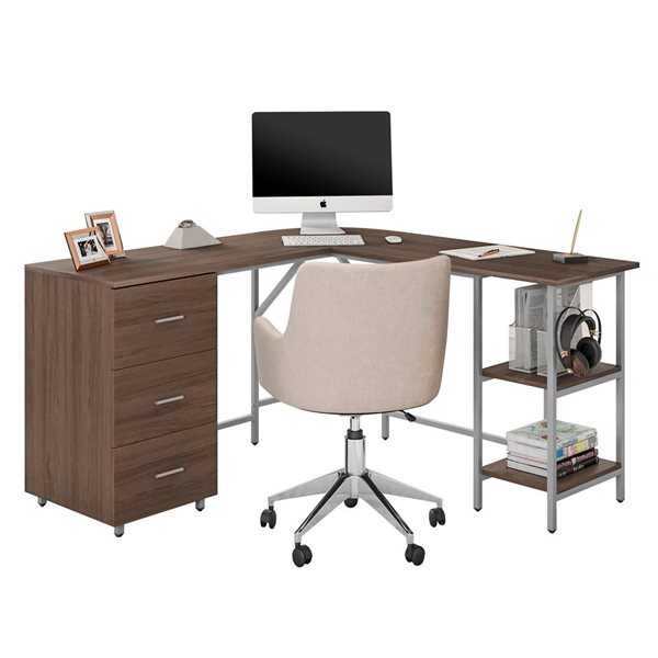 Techni Mobili L-Shape Home Office Two Tone Desk with Storage - Walnut