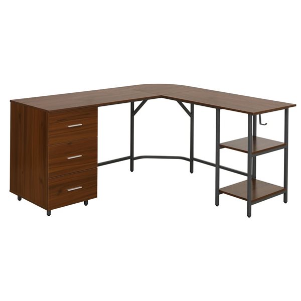 Techni Mobili L-Shape Home Office Two Tone Desk with Storage - Walnut