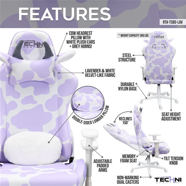 Techni TS85 Lavender COW Series Gaming Chair