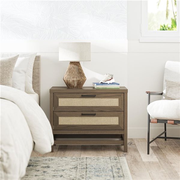 Ameriwood Home Lennon 2 Drawer Nightstand - Medium Brown and Faux Rattan