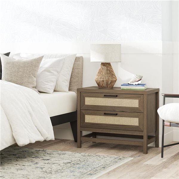 Ameriwood Home Lennon 2 Drawer Nightstand - Medium Brown and Faux Rattan