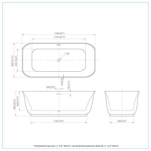 Baignoire autoportante rectangle Mina de A&E Bath & Shower 30 l. x 67 po L. en acrylique blanc