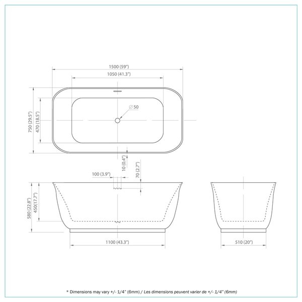 Baignoire autoportante rectangle Mina de A&E Bath & Shower 30 l. x 59 po L. en acrylique blanc